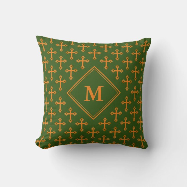 Stylish Monogram CROSS Green Orange Cushion (Front)