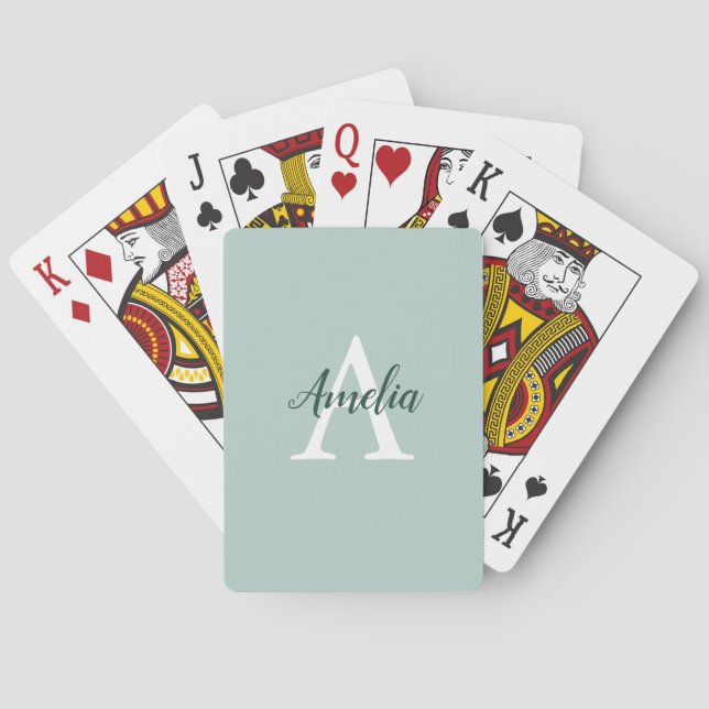 Stylish Monogram Duck Egg Green Playing Cards (Back)