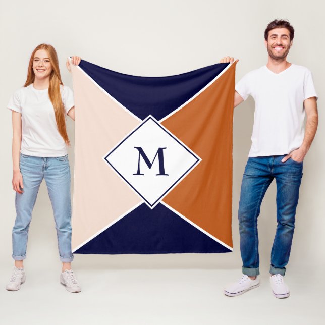 Stylish MONOGRAM Geometric | Navy Tan Cream Fleece Blanket (In Situ)