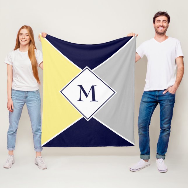 Stylish MONOGRAM Geometric | Navy Yellow Grey Fleece Blanket (In Situ)