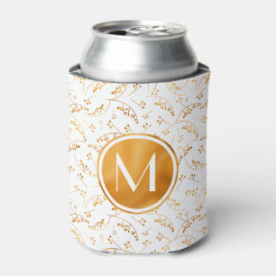 Stylish monogram gold berries pattern on white can cooler