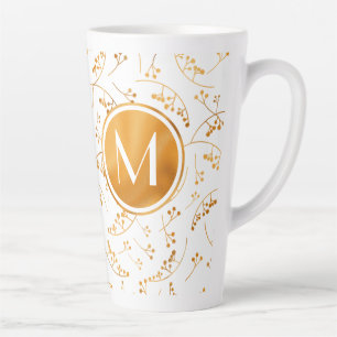 Stylish monogram gold berries pattern on white latte mug