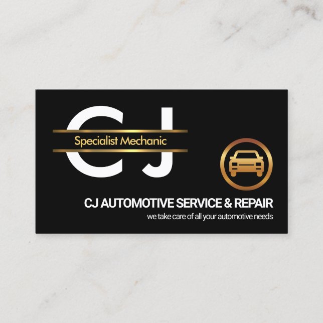 Stylish Monogram Gold Border Car Mechanic Business Card (Front)