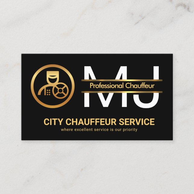 Stylish Monogram Gold Border Line Driver Business Card (Front)