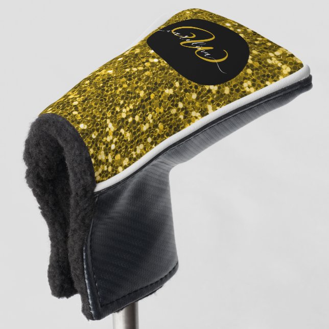 Stylish monogram gold glitter name black golf head cover (3/4 Front)