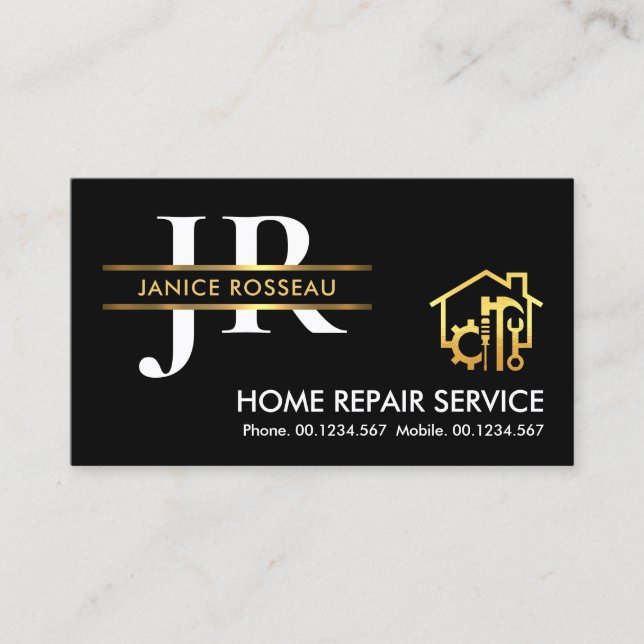 Stylish Monogram Gold Placard Border Contractor Business Card (Front)