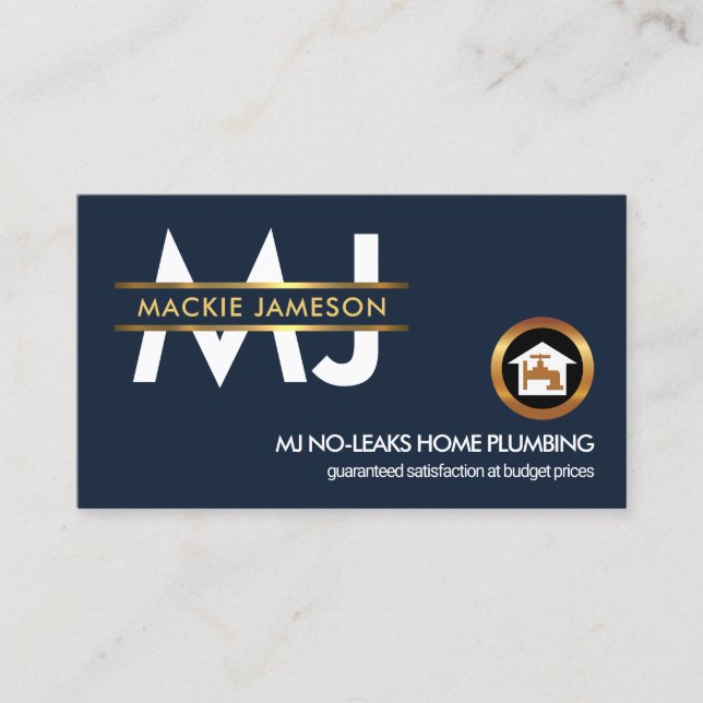 Stylish Monogram Gold Placard Border Plumbing Business Card (Front)