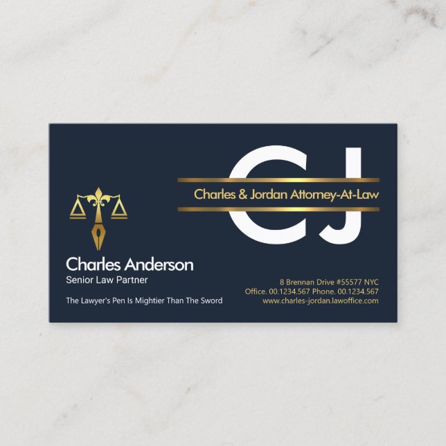 Stylish Monogram Gold Placard Lawyer Business Card (Front)
