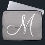 Stylish Monogram Grey White Script Faux Linen Laptop Sleeve<br><div class="desc">Personalised chic and stylish faux grey linen laptop sleeve with a white monogram initial and script name in black. The linen is a photo effect background. A modern and trending minimalist style.</div>