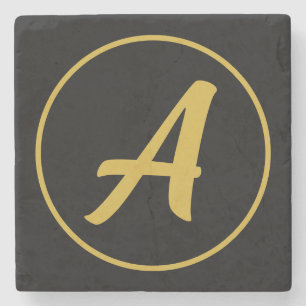 Stylish Monogram Initial Letter Gold Color Black Stone Coaster