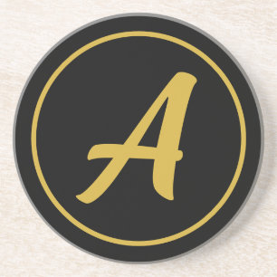 Stylish Monogram Initial Letter Gold Colour Black Coaster