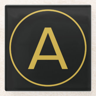 Stylish Monogram Initial Letter Gold Colour Black Glass Coaster