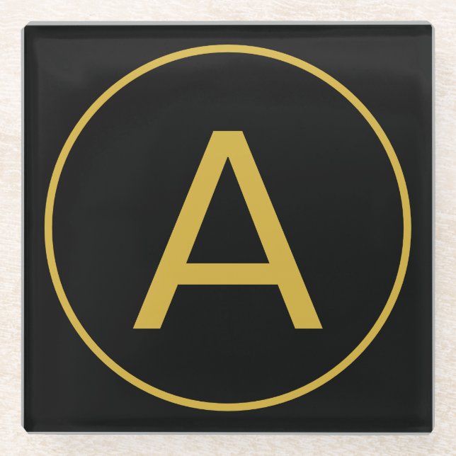 Stylish Monogram Initial Letter Gold Colour Black Glass Coaster (Front)