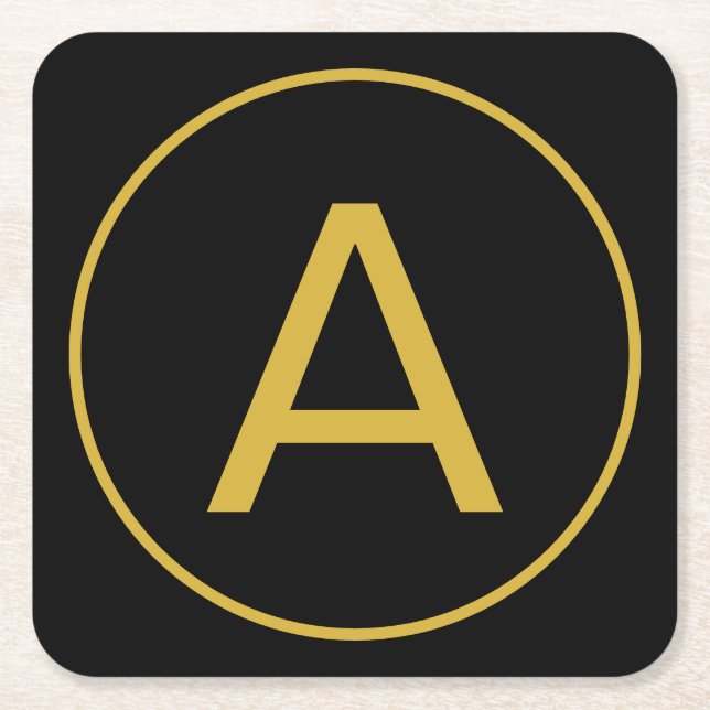 Stylish Monogram Initial Letter Gold Colour Black Square Paper Coaster (Front)