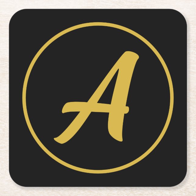 Stylish Monogram Initial Letter Gold Colour Black Square Paper Coaster (Front)