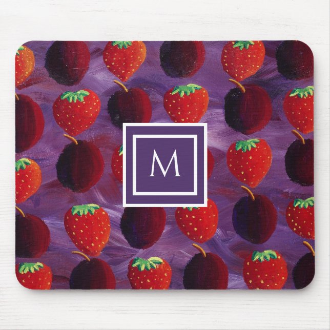 Stylish Monogram Initial Plums and Strawberries Mouse Mat (Front)