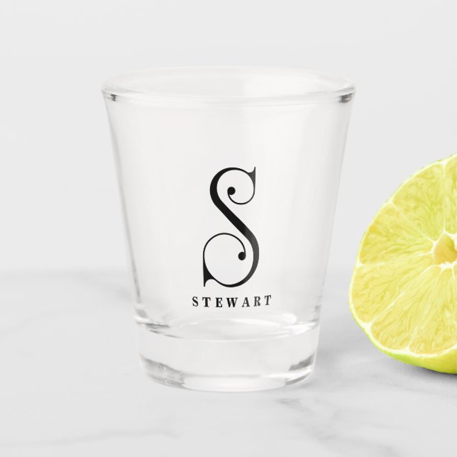 Stylish Monogram Initial S,  Last Name Editable  Shot Glass (Front)