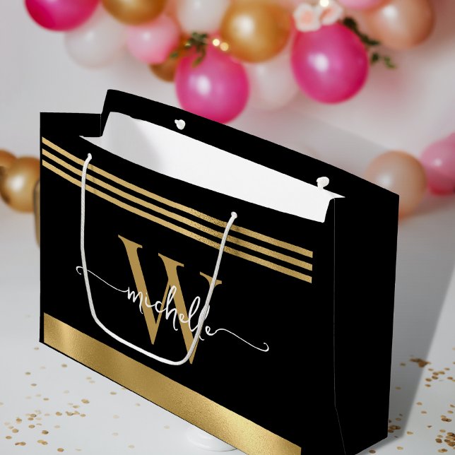 Stylish Monogram Initial Script Black Gold Sriped Large Gift Bag (Creator Uploaded)