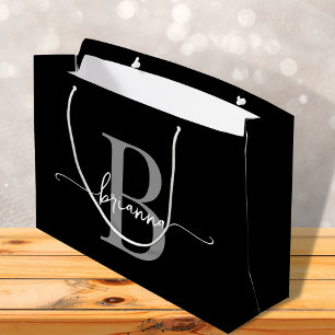 Stylish Monogram Initial Script Modern Black Grey Large Gift Bag