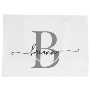 Stylish Monogram Initial Script Modern White Grey Large Gift Bag