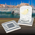 Stylish Monogram Initials Navy Blue White Stripe Stone Coaster<br><div class="desc">Elegant personalised initials monogram coaster featuring a navy blue and white striped pattern with your initials. Designed by Thisisnotme©</div>