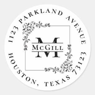 Stylish Monogram & Last Name Round Return Address Classic Round Sticker