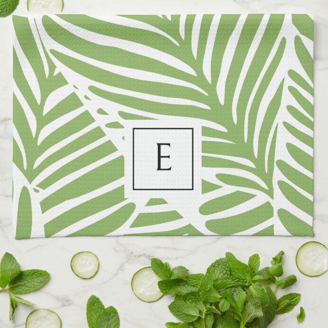 Stylish Monogram Leaf Pattern Plant Lover Tea Towel (Folded)