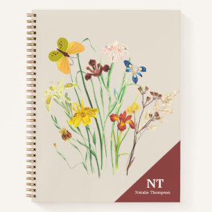 Stylish monogram name and initial floral Burgundy Notebook