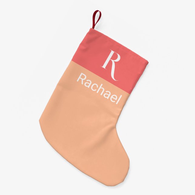Stylish Monogram Name Peach Small Christmas Stocking (Front (Hanging))