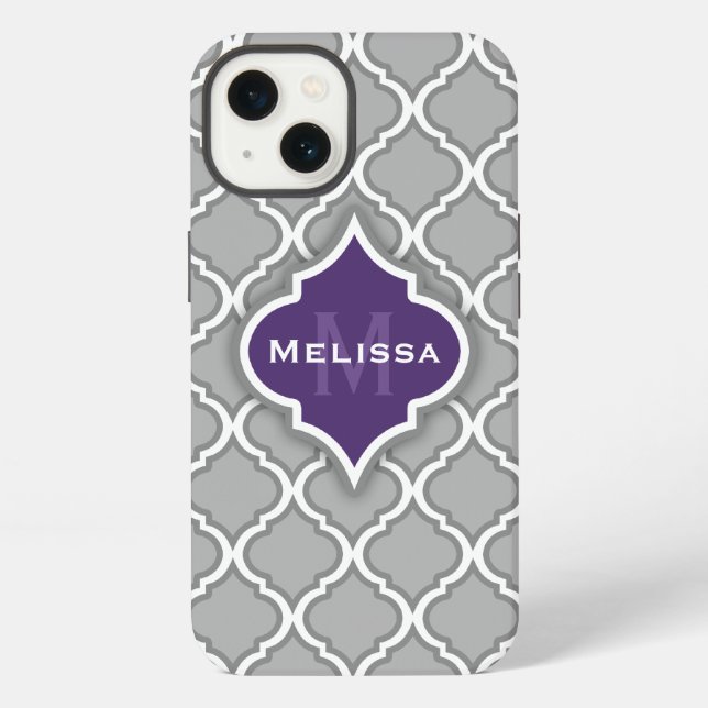 Stylish Monogram Name Purple Grey Moroccan Pattern iPhone Case (Back)
