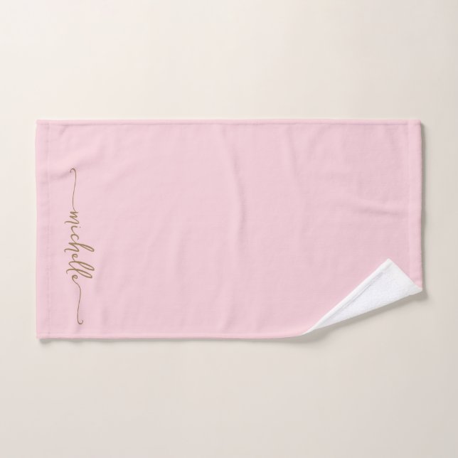 Stylish Monogram Name Script Blush Pink Gold  Hand Towel (Hand Towel)