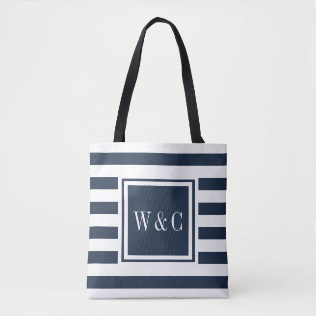 Stylish Monogram Navy Blue White Stripe Tote Bag (Front)