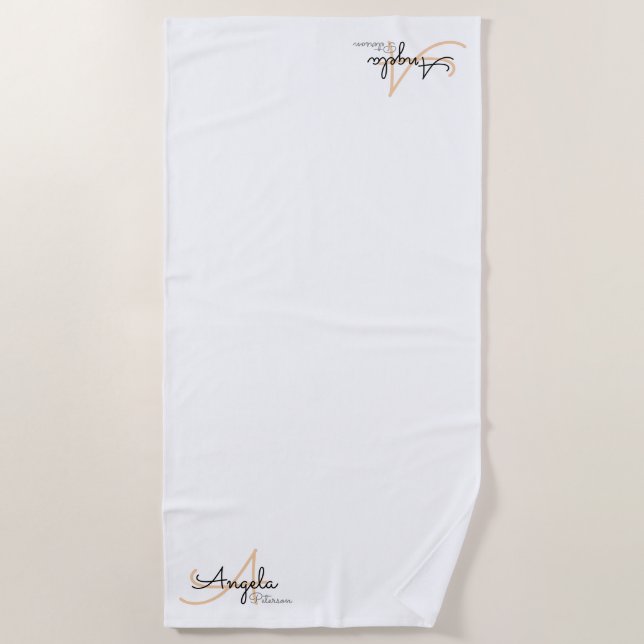 stylish monogram on simple, clean & clear white beach towel (Front)