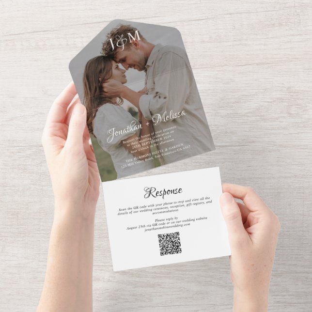 Stylish Monogram Photo Script QR Code Wedding All In One Invitation (Tearaway)
