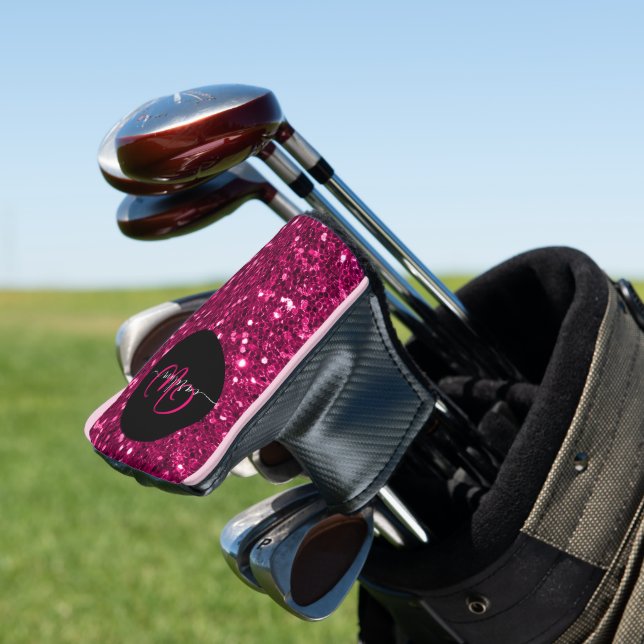 Stylish monogram pink glitter name black golf head cover (In Situ)