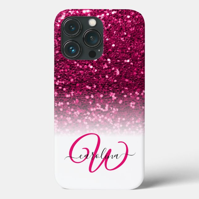 Stylish monogram pink glitter name white Case-Mate iPhone case (Back)