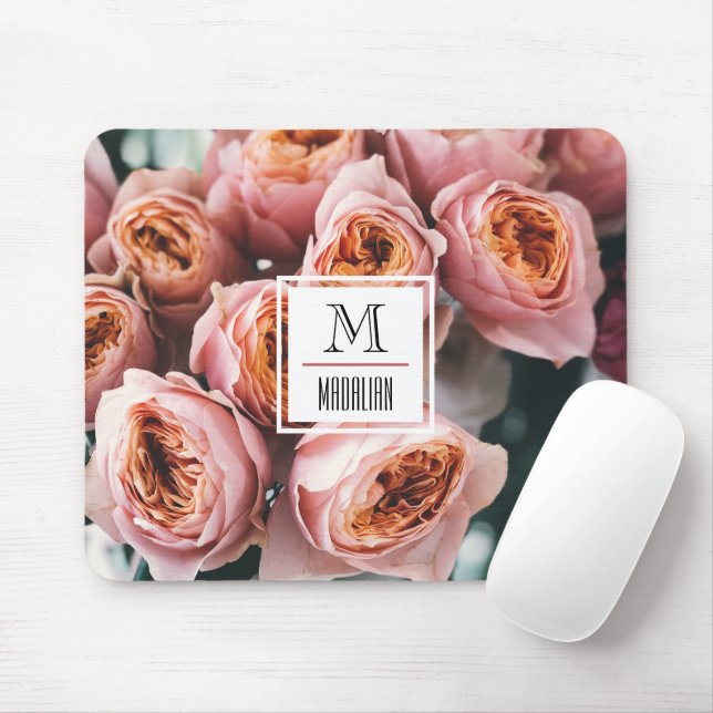 Stylish monogram pink rose modern floral photo mouse mat (With Mouse)