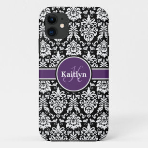 Stylish Monogram Purple Black White Damask iPhone 11 Case