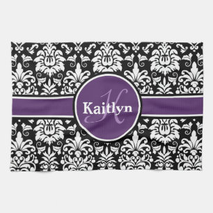 Stylish Monogram Purple Black White Damask Tea Towel