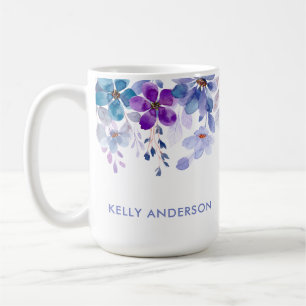Stylish Monogram Purple & Blue Watercolor floral Coffee Mug