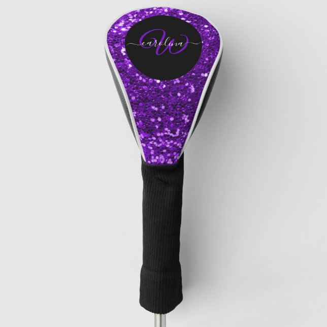Stylish monogram purple glitter name black golf head cover (Front)