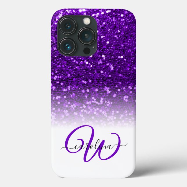 Stylish monogram purple glitter name white Case-Mate iPhone case (Back)