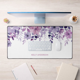 Stylish Monogram Purple Watercolor floral Desk Mat