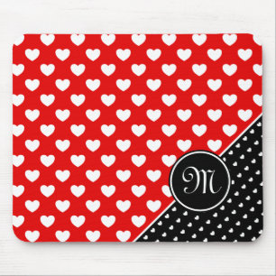 Stylish Monogram Red And Black, White Hearts Mouse Mat