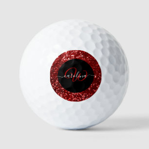 Stylish monogram red glitter name black golf balls