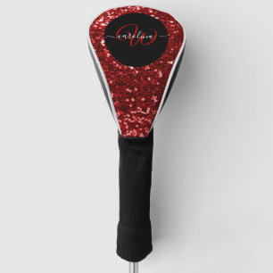 Stylish monogram red glitter name black golf head cover