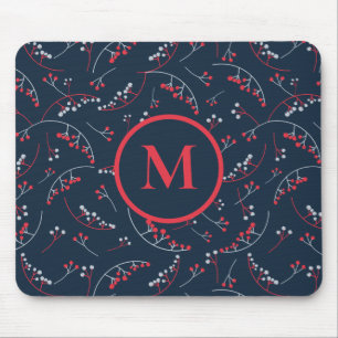 Stylish monogram red navy blue berry pattern mouse mat