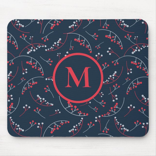 Stylish monogram red navy blue berry pattern mouse mat (Front)