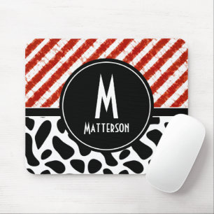 Stylish Monogram Red White Black Personalize Mouse Mat
