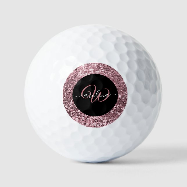 Stylish monogram rose gold glitter name black golf balls (Front)